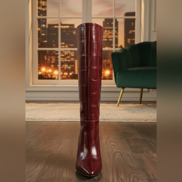 Vince Camuto Plum Croc-Embossed Leather Wide Calf Boots - Picture 2 of 10